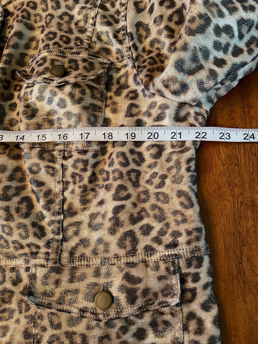 Chico’s XL Denim Leopard Print Gold Shimmer Cotton Spandex Button Up Jacket - Picture 5 of 7